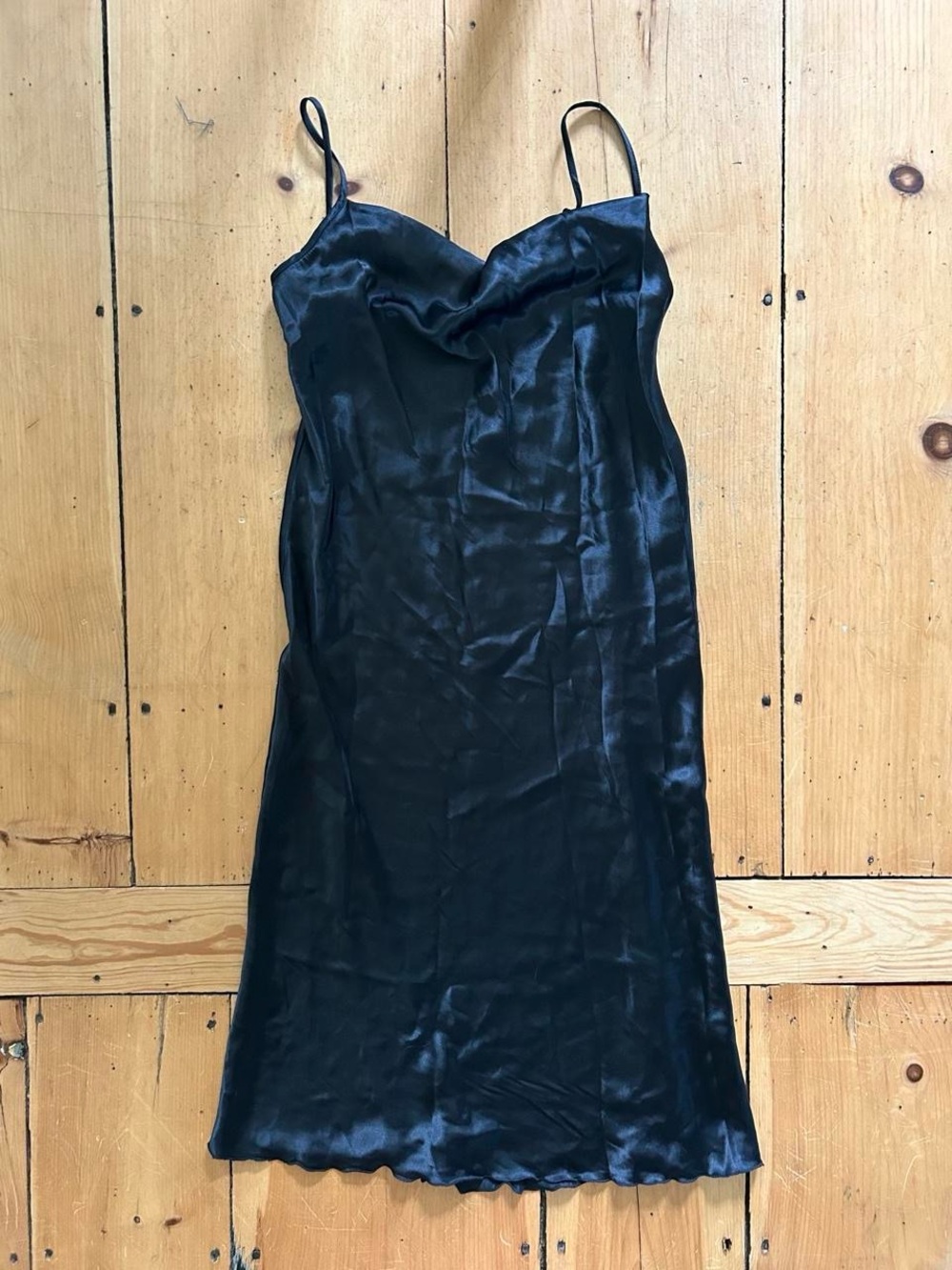 BEBE Black Satin Slip Dress with Spaghetti Straps